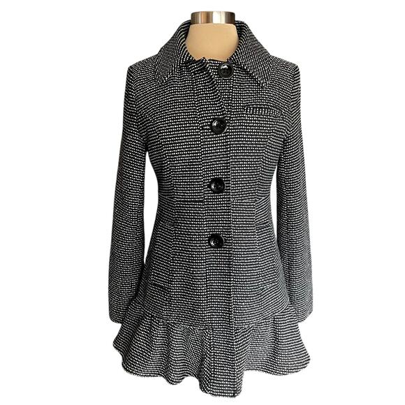 ANTHRO Tulle Black White Tweed Pea Coat Ruffle Hem Size MED Button Front Wool - Picture 1 of 9